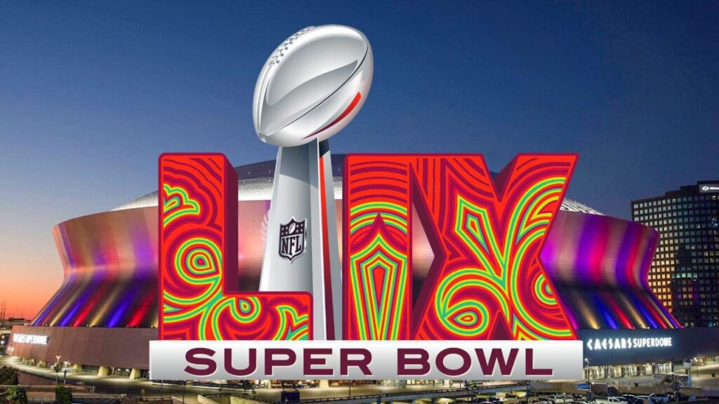 Artwork that displays the Super Bowl LIIX symbol in front of the host stadium in New Orleans